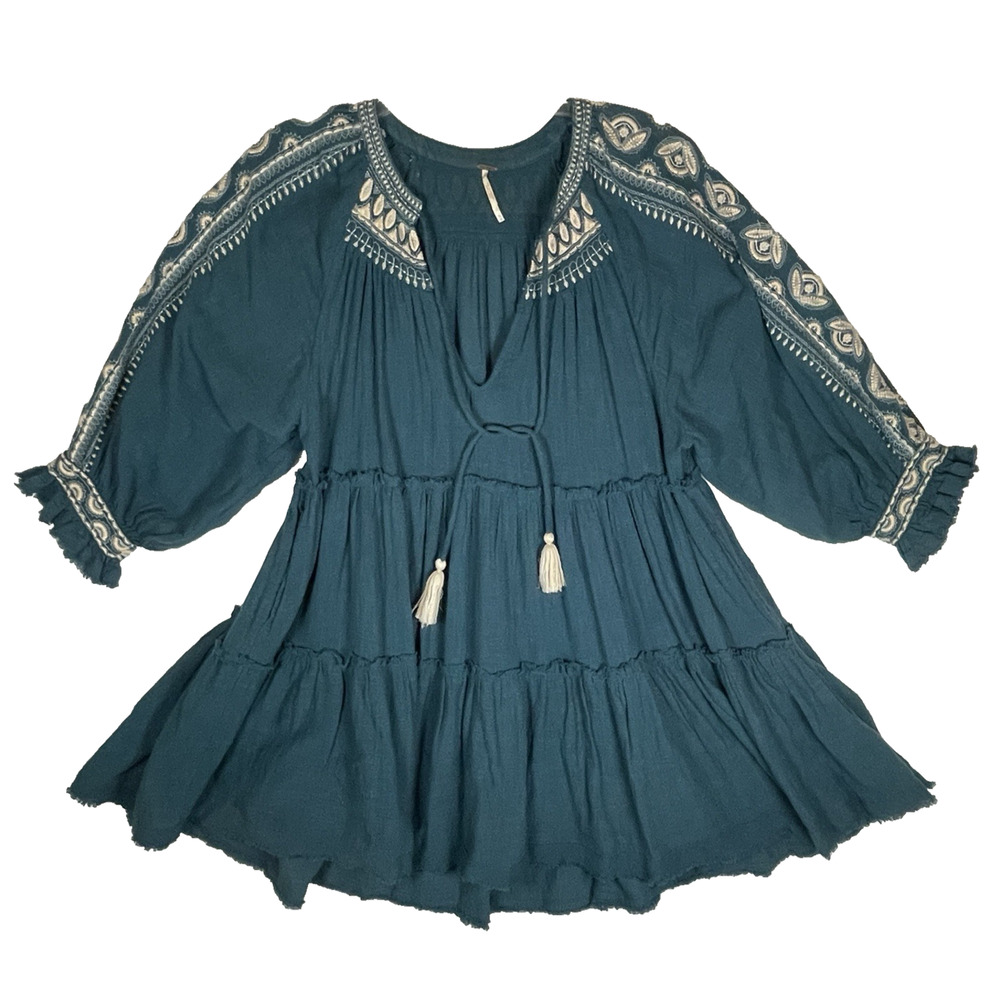 Free People Womens MEDIUM Boho Teal Blue Embroidered Swing Mini Dress Deep V
